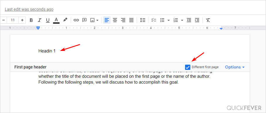 ms word different first page header