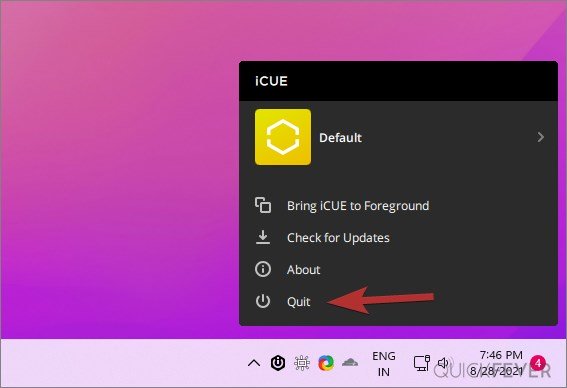 how to quit iCUE from the taskbar