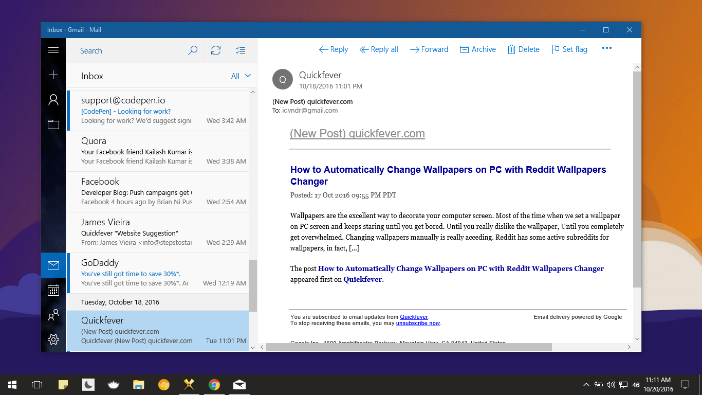 does gmail in mail app on windows 10 download emails