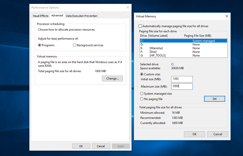virtual memory windows 10, fix, adjust
