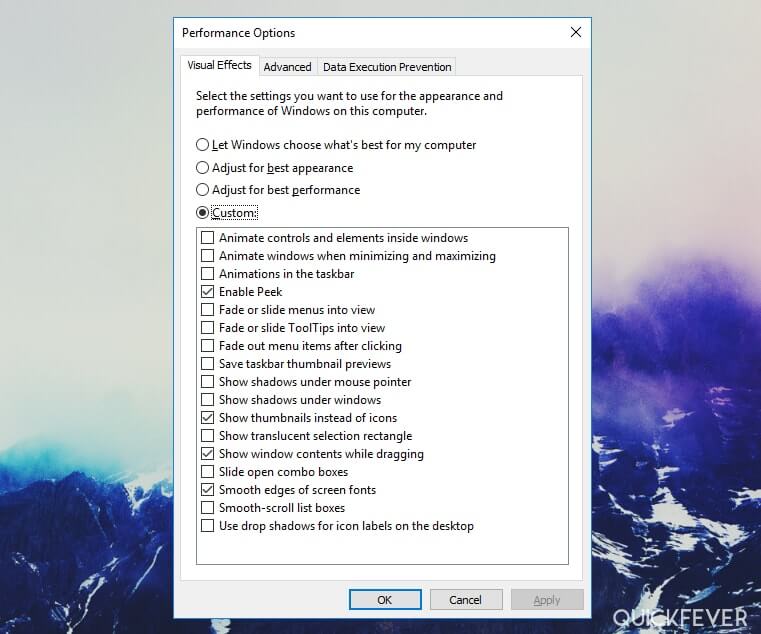 Windows 10 Performance Tweaks reducing visual effects