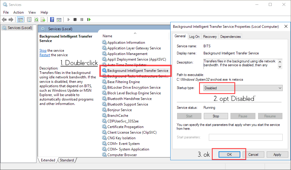 disable unnecessary service, windows 10, BITS