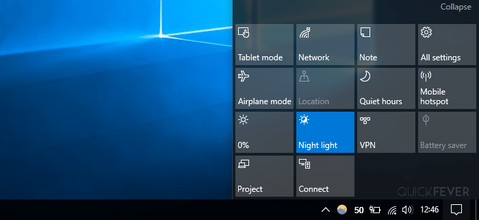 windows 10, night light mode, action center