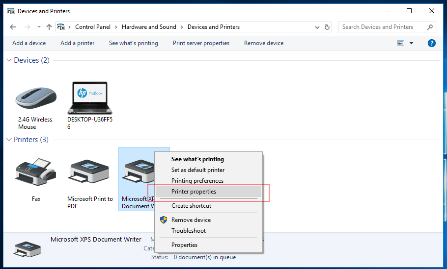 windows 10 change default printer