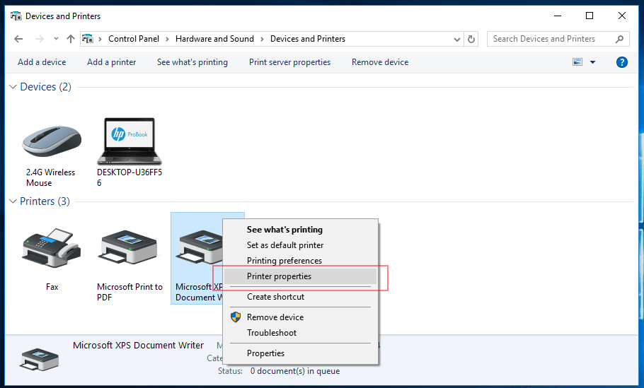 change printer to online windows 10