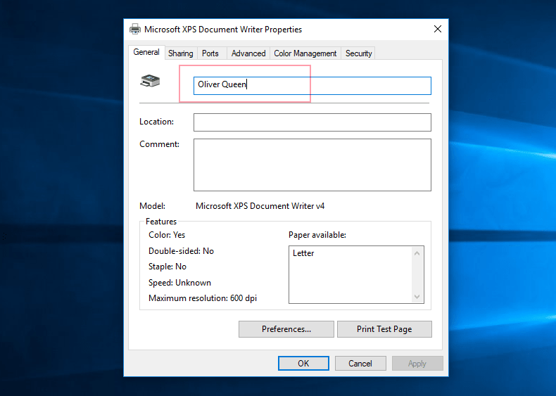 change printer name windows 10