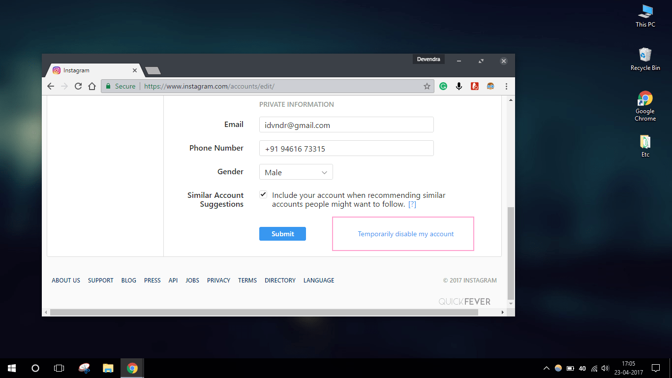 disable instagram account temporarily