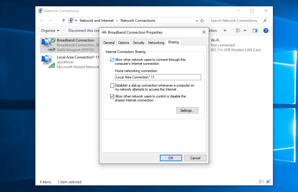 Windows 10 Broadband connection sharing settings