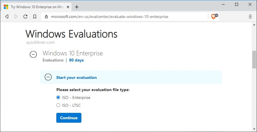 windows 10 enterprise evaluations selection page