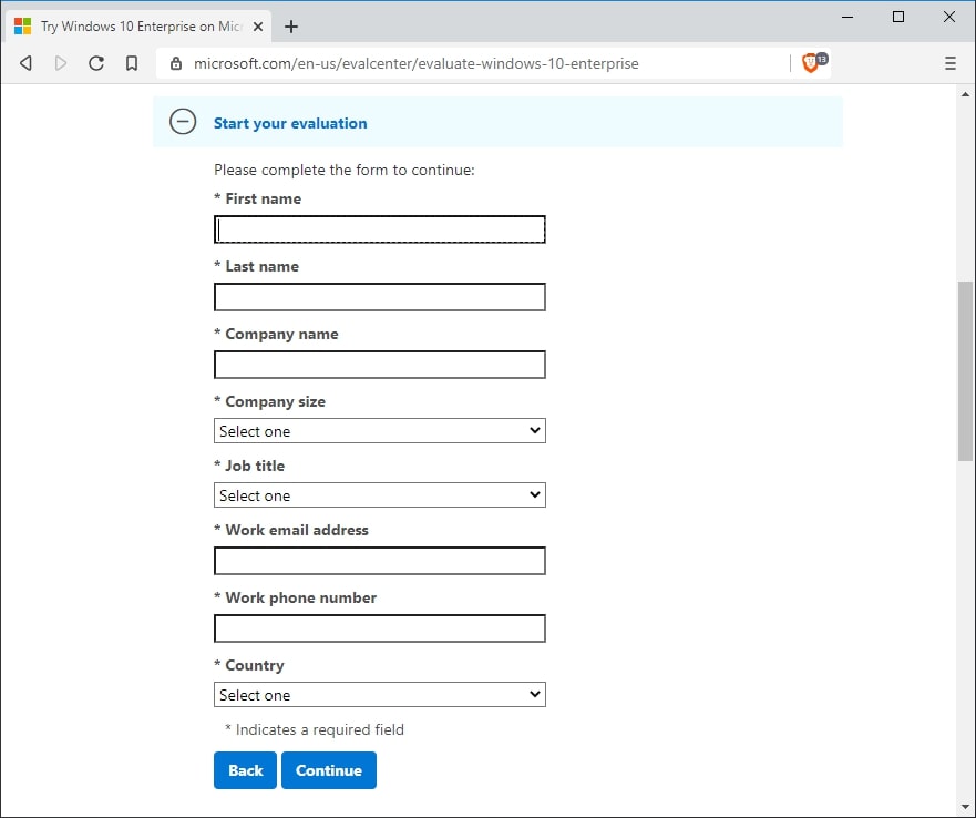 windows 10 enterprise evaluations selection page