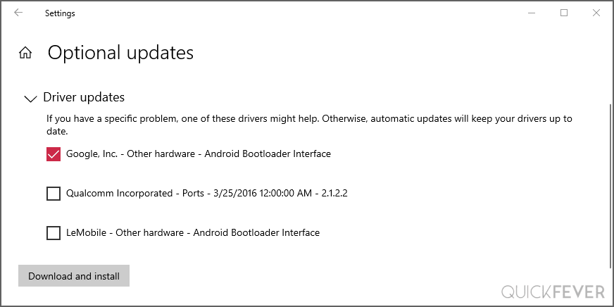 Optional updates in window 10 Android bootloader interface