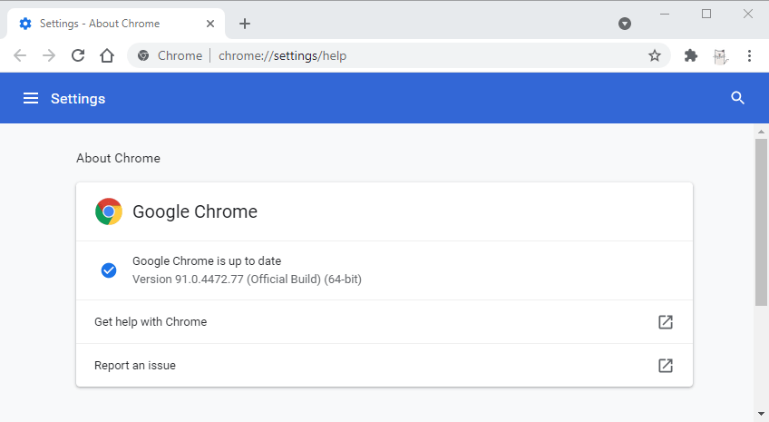 Google Chrome about page version 91