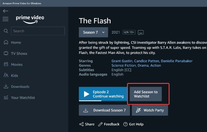 Prime Video app screenshot add season to watchlist button