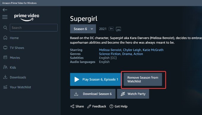 Prime Video app screenshot remove season to watchlist button