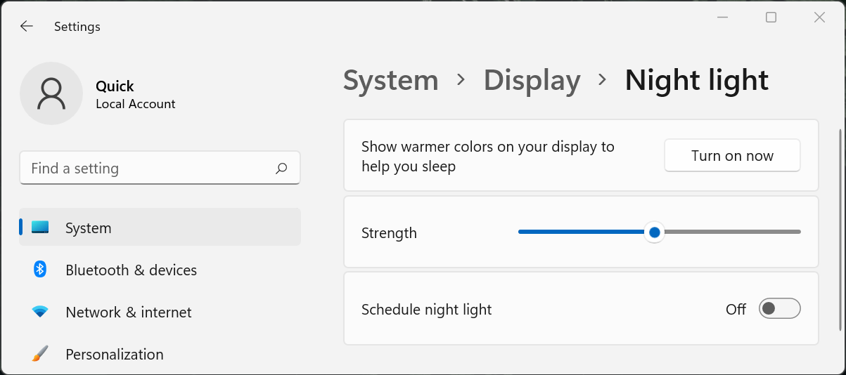 Windows 11 night light settings page