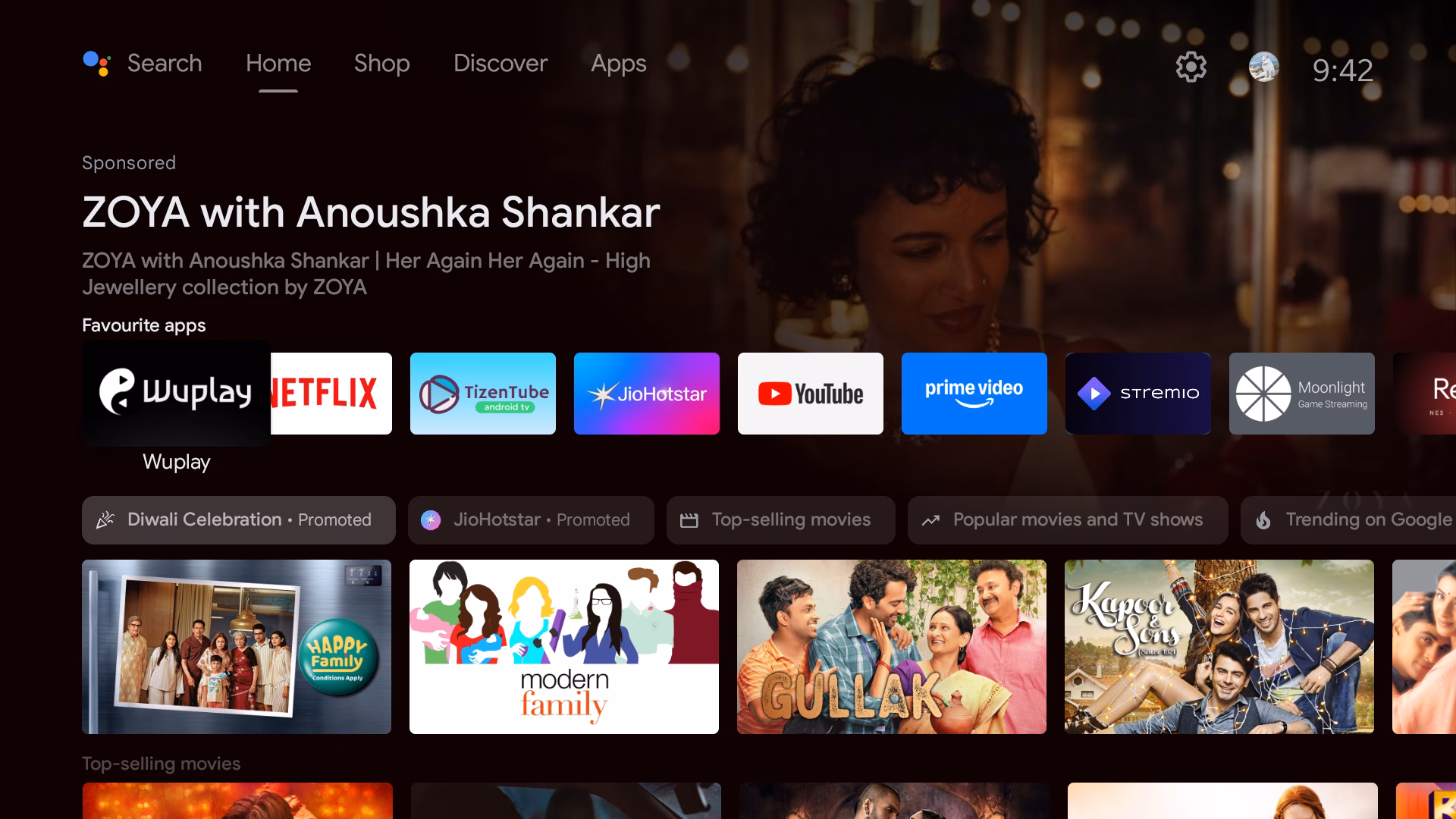 Android TV home screen before debloating showing sponsored banners and recommendations