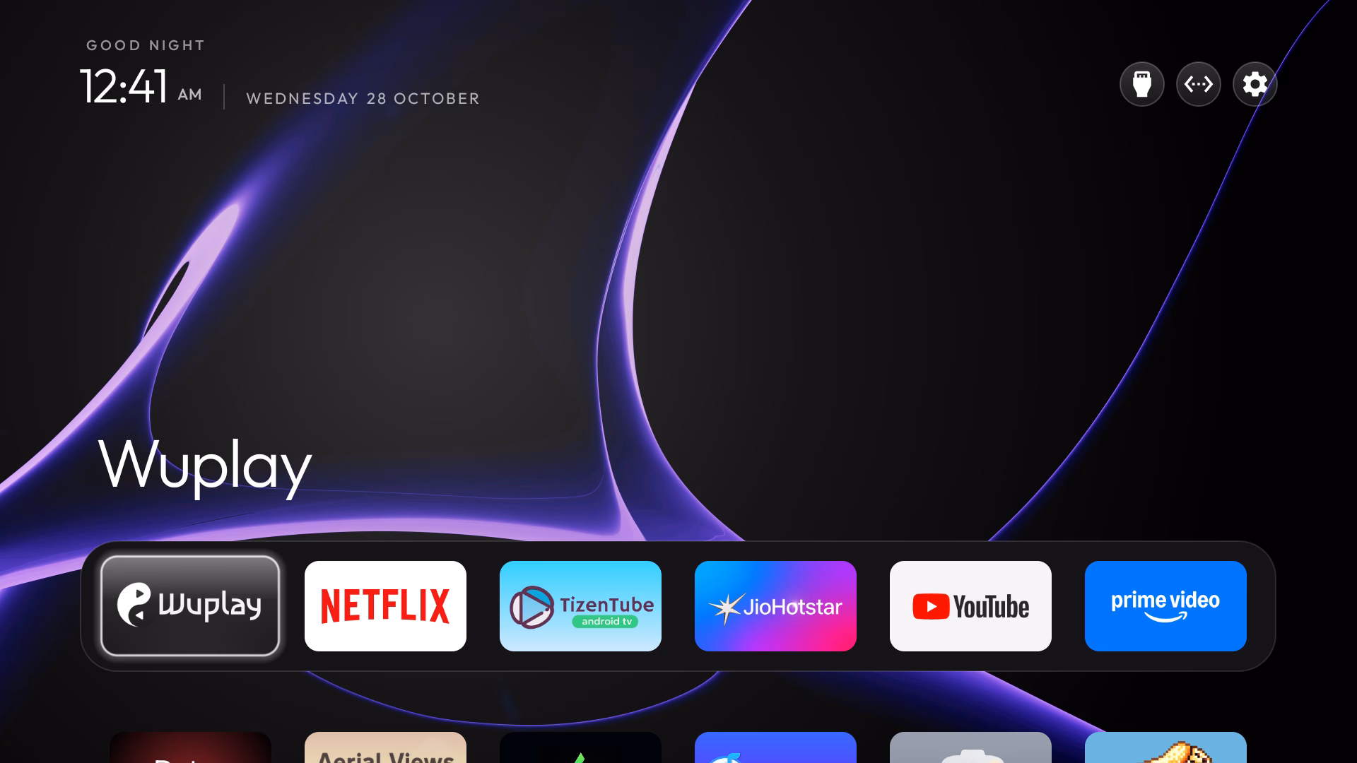 Final customized Android TV home screen with glass theme and custom wallpaper